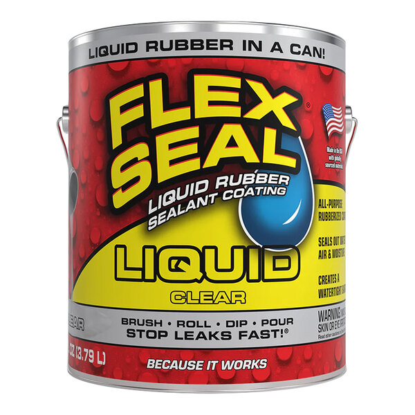 A one-gallon can of Flex Seal clear liquid rubber sealant coating.