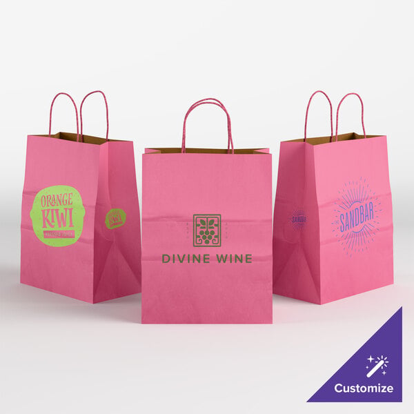 Choice 8" x 4 1/2" x 10 1/4" Customizable Pink Paper Shopping Bag with Handles - 250/Case