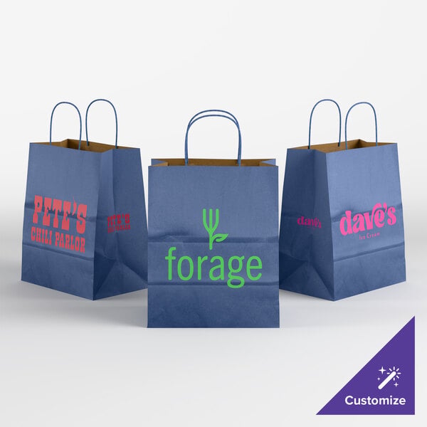 Choice 10" x 6 3/4" x 12" Customizable Navy Blue Paper Shopping Bag with Handles - 250/Case