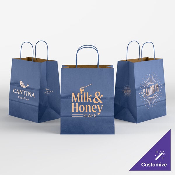 Choice 10" x 6 3/4" x 12" Customizable Navy Blue Paper Shopping Bag with Handles - 250/Case