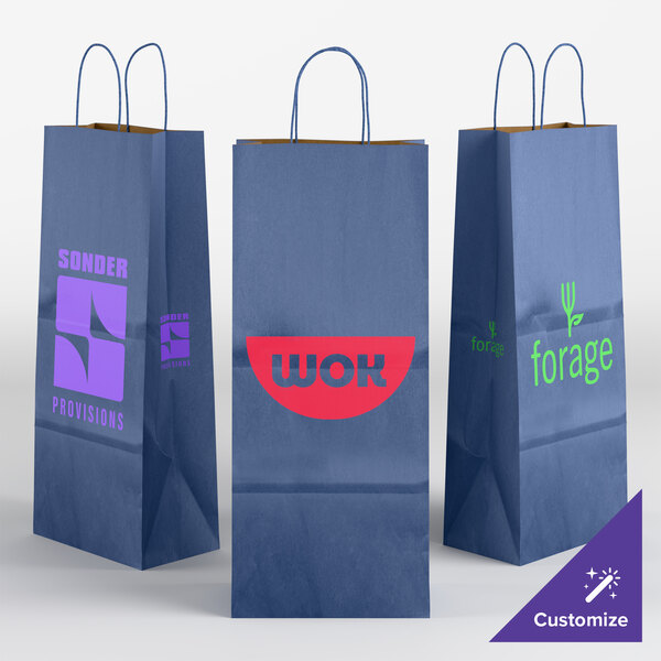 Three tall navy blue paper shopping bags with handles, each featuring a different colorful custom logo and text on the front.
