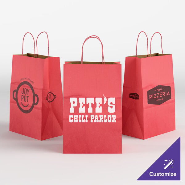 Choice 5 1/2" x 3 1/4" x 8 3/8" Customizable Red Paper Shopping Bag with Handles - 250/Case