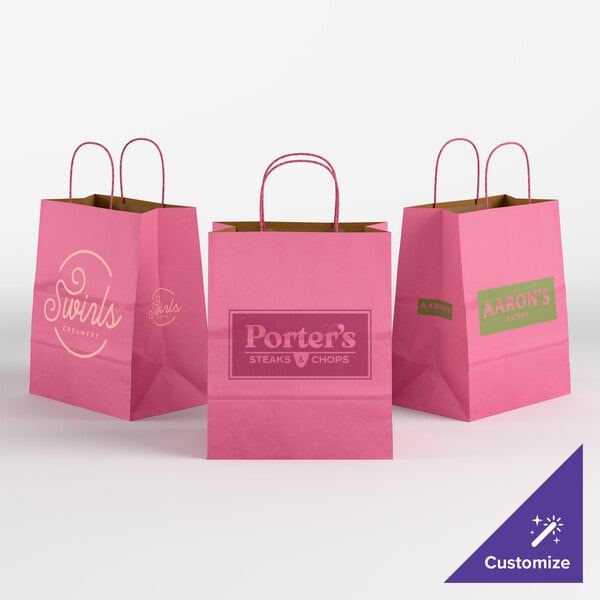 Choice 10" x 6 3/4" x 12" Customizable Pink Paper Shopping Bag with Handles - 250/Case