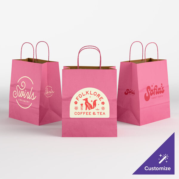 Choice 10" x 6 3/4" x 12" Customizable Pink Paper Shopping Bag with Handles - 250/Case