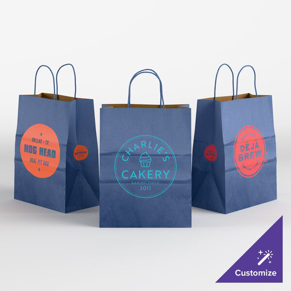 Choice 8" x 4 1/2" x 10 1/4" Customizable Navy Blue Paper Shopping Bag with Handles - 250/Case