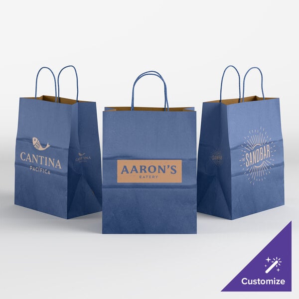 Choice 8" x 4 1/2" x 10 1/4" Customizable Navy Blue Paper Shopping Bag with Handles - 250/Case