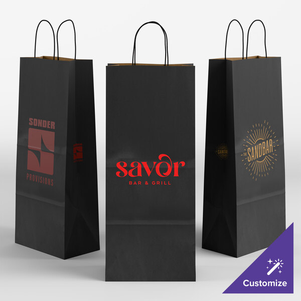 Choice 5 1/2" x 3 1/4" x 13 1/8" Customizable Black Paper Shopping Bag with Handles - 250/Case