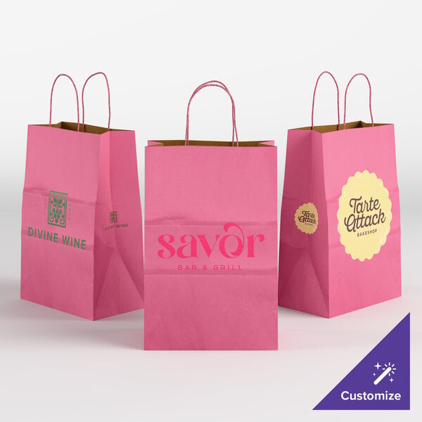 Choice 5 1/2" x 3 1/4" x 8 3/8" Customizable Pink Paper Shopping Bag with Handles - 250/Case