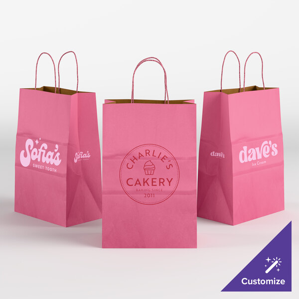 Choice 5 1/2" x 3 1/4" x 8 3/8" Customizable Pink Paper Shopping Bag with Handles - 250/Case