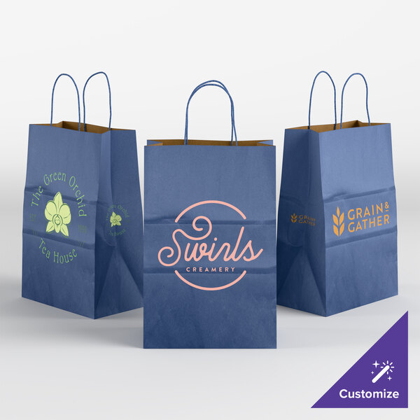 Choice 5 1/2" x 3 1/4" x 8 3/8" Customizable Navy Blue Paper Shopping Bag with Handles - 250/Case