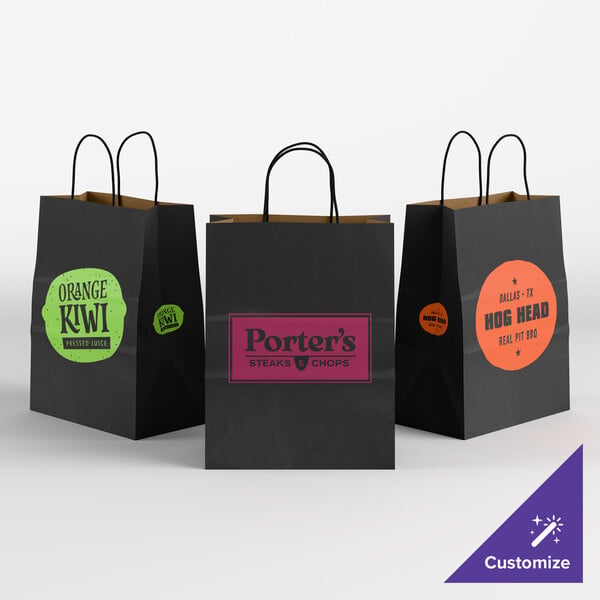 Choice 8" x 4 1/2" x 10 1/4" Customizable Black Paper Shopping Bag with Handles - 250/Case