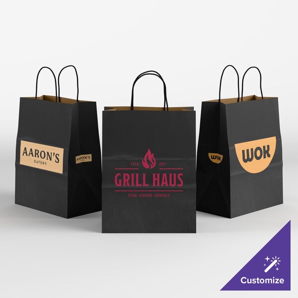 Choice 8" x 4 1/2" x 10 1/4" Customizable Black Paper Shopping Bag with Handles - 250/Case