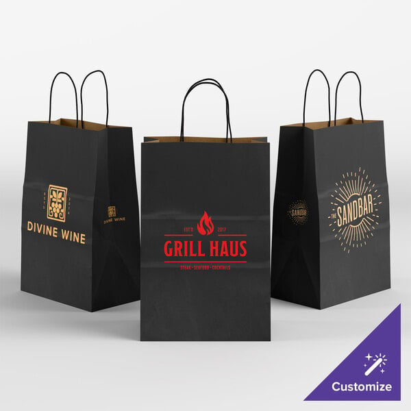 Choice 5 1/2" x 3 1/4" x 8 3/8" Customizable Black Paper Shopping Bag with Handles - 250/Case