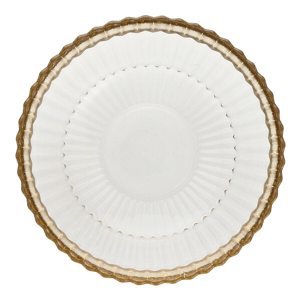 A round glass cereal bowl with a ribbed design and a gold-colored scalloped rim.