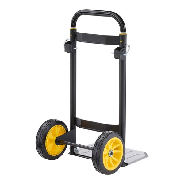 A steel hand truck with yellow wheels and a black frame.