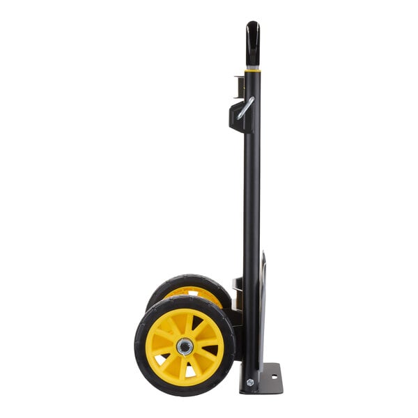 A steel hand truck with yellow wheels designed for carrying heavy loads.