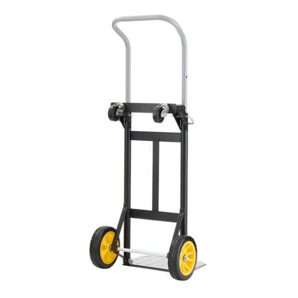 A steel convertible hand truck with a tall handle, two yellow-rimmed wheels, and a foldable platform.