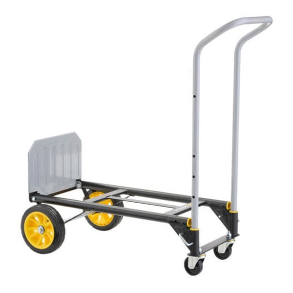 A steel convertible hand truck and cart with a tall handle, two large yellow wheels, and two smaller swivel casters.