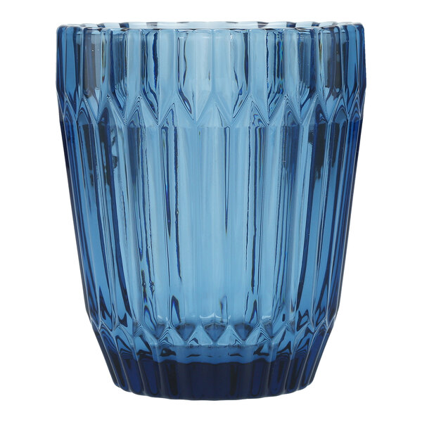 A blue textured glass tumbler with a faceted design.