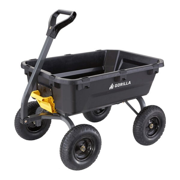 A heavy-duty black poly yard dump cart with four large wheels and a handle, branded with the Gorilla logo.