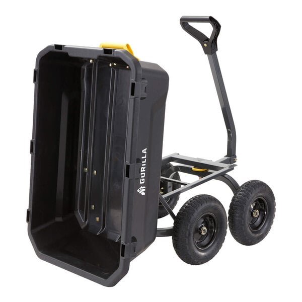 A heavy-duty poly yard dump cart with four wheels and a large black container, designed for hauling and dumping materials.