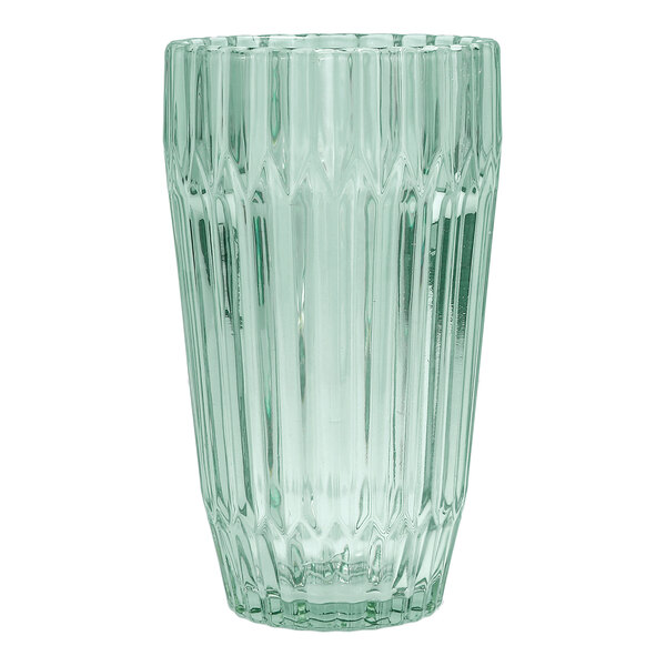 A green-tinted, vertically ribbed round beverage glass.