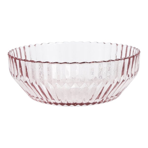 A round pink glass cereal bowl with a textured, ribbed design.
