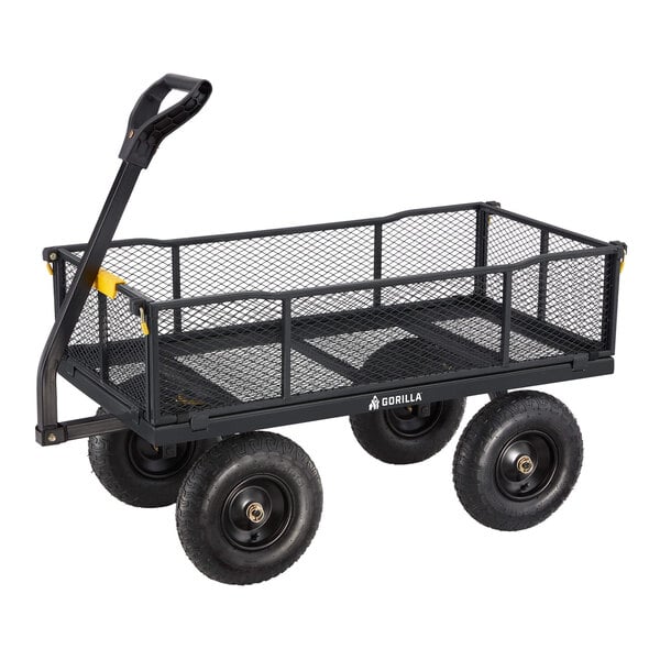A black steel utility cart with mesh sides, four large wheels, and a pull handle.
