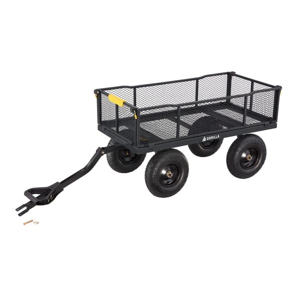 A black steel utility cart with mesh sides, four large wheels, and a pull handle.