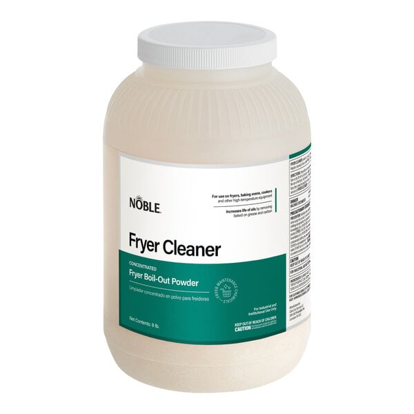 A large plastic container of Noble concentrated fryer boil-out powder cleaner.