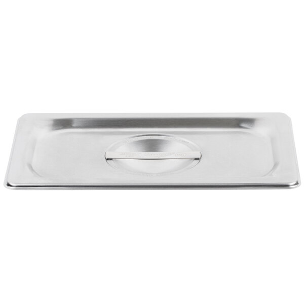 A stainless steel Vollrath 1/4 size steam table pan cover with a metal handle.