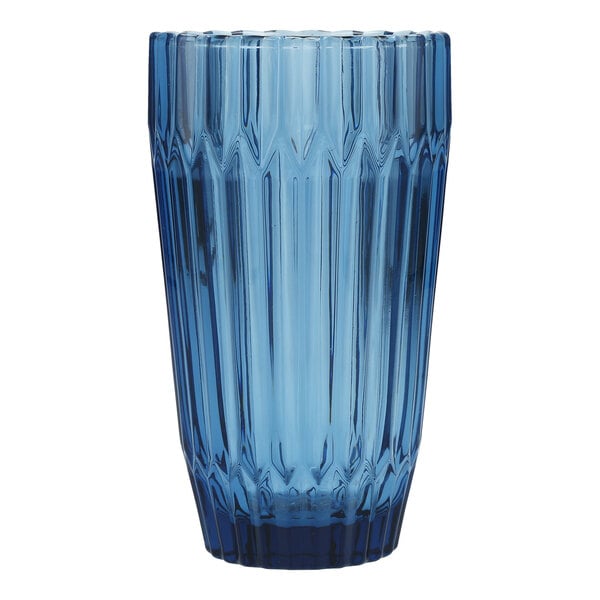 A blue round beverage glass with a textured vertical pattern.