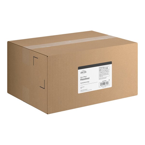 A large brown cardboard box with a white product label on the side.