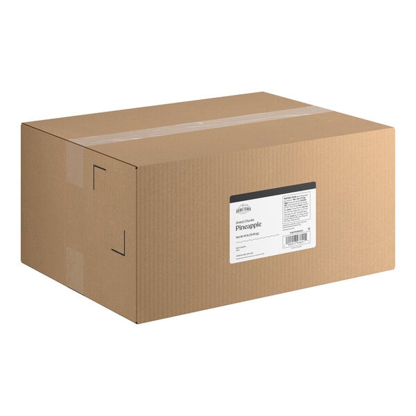A large brown cardboard box with a white product label on the side.