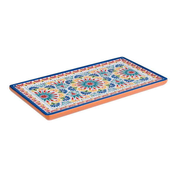 APS Arabesque 12 7/8" x 6 7/8" Multicolored Rectangular Melamine Serving Tray - Sample
