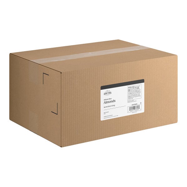 A large brown cardboard box with a white product label on the side.