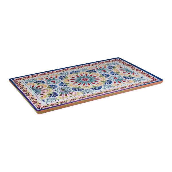 APS Arabesque 20 7/8" x 12 7/8" Multicolored Rectangular Melamine Serving Tray - 4/Case