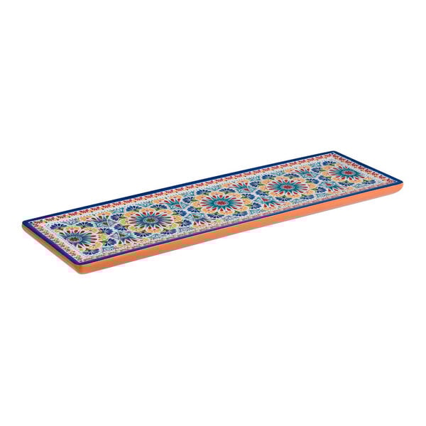 APS Arabesque 20 7/8" x 6 3/8" Multicolored Long Rectangular Melamine Serving Tray - 6/Case