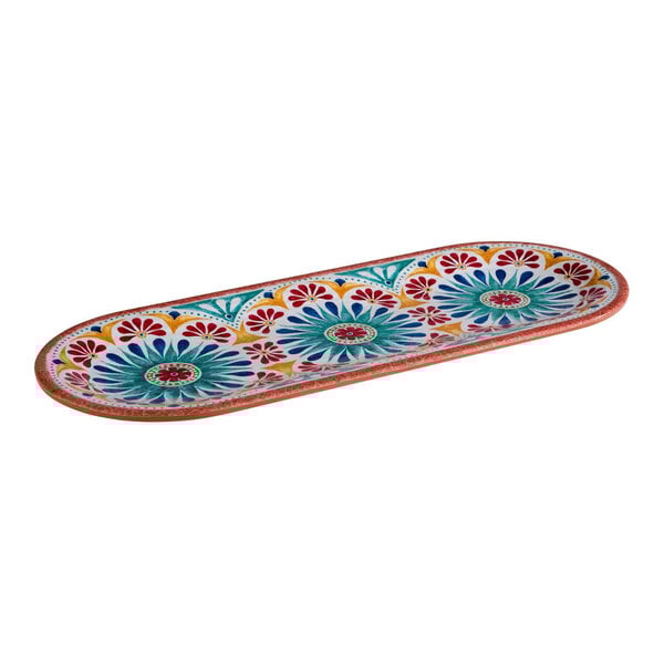 APS Arabesque 15" x 6 1/8" Multicolored Oval Melamine Platter - 12/Case