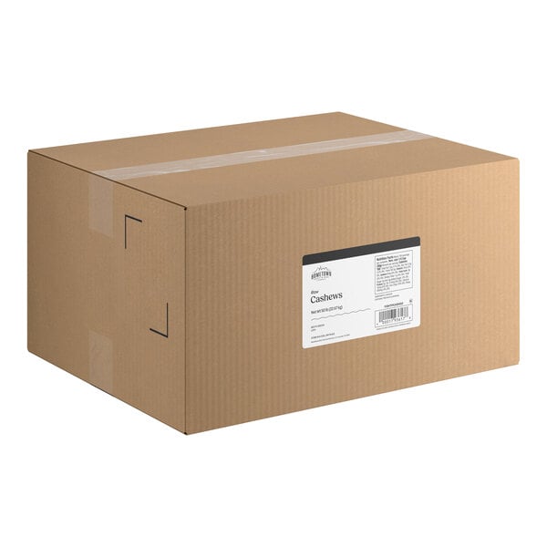 A large brown cardboard box with a white product label on the side.