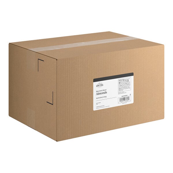A large brown cardboard box with a white product label on the side.
