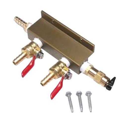 A close-up of a brass True 2-Way Draft Air Manifold valve.