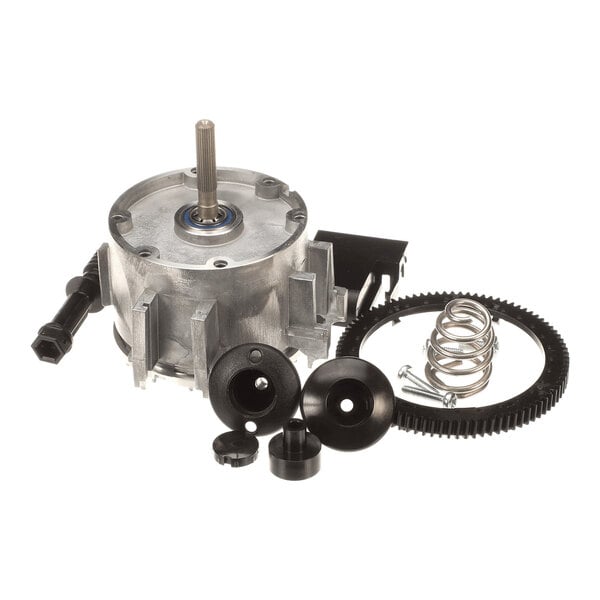 A coffee grinder repair kit with various metal and plastic components, including a gear, springs, and screws.