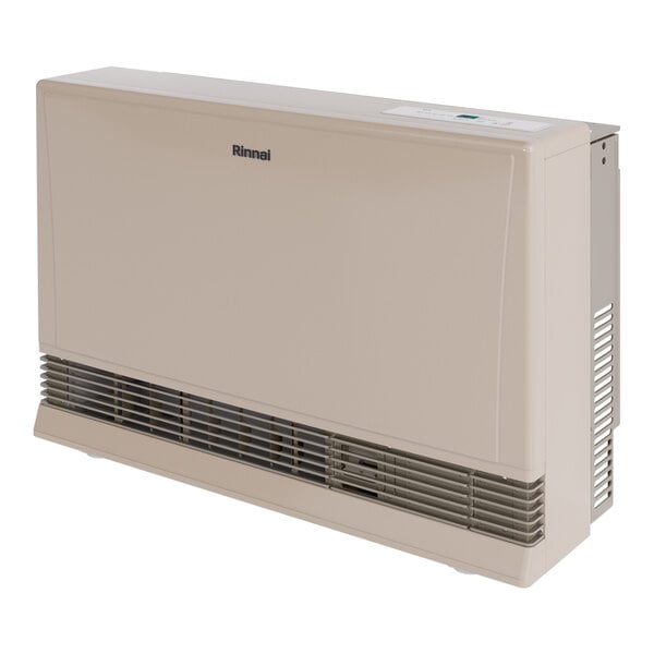 A beige Rinnai EnergySaver direct-vent wall furnace designed for liquid propane use.