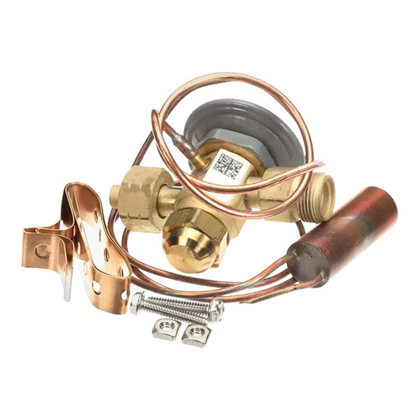 A brass and copper TXV (thermostatic expansion) valve assembly with mounting hardware and capillary tube, used in refrigeration or air conditioning systems.