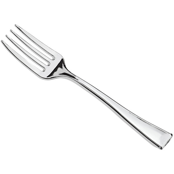 A small silver plastic tasting fork with four tines.