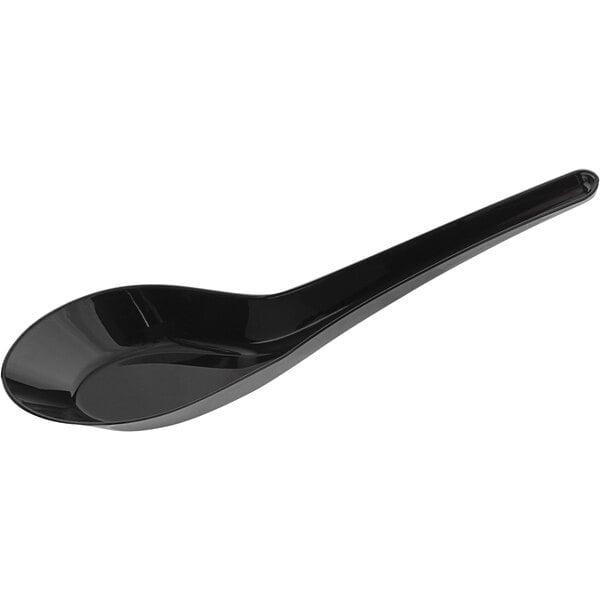 A black plastic Asian soup spoon with a curved handle.