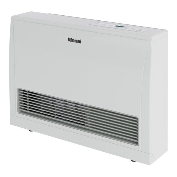 A white Rinnai EnergySaver direct-vent wall furnace designed for liquid propane use.