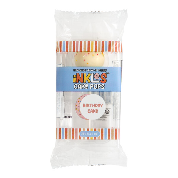 A single individually wrapped birthday cake-flavored cake pop from iNKLeS.