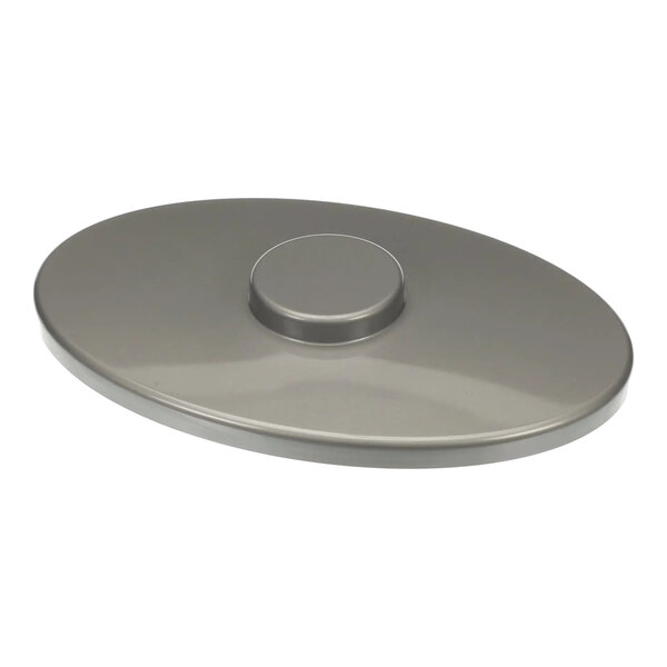 A metallic oval bean hopper lid with a central raised handle.